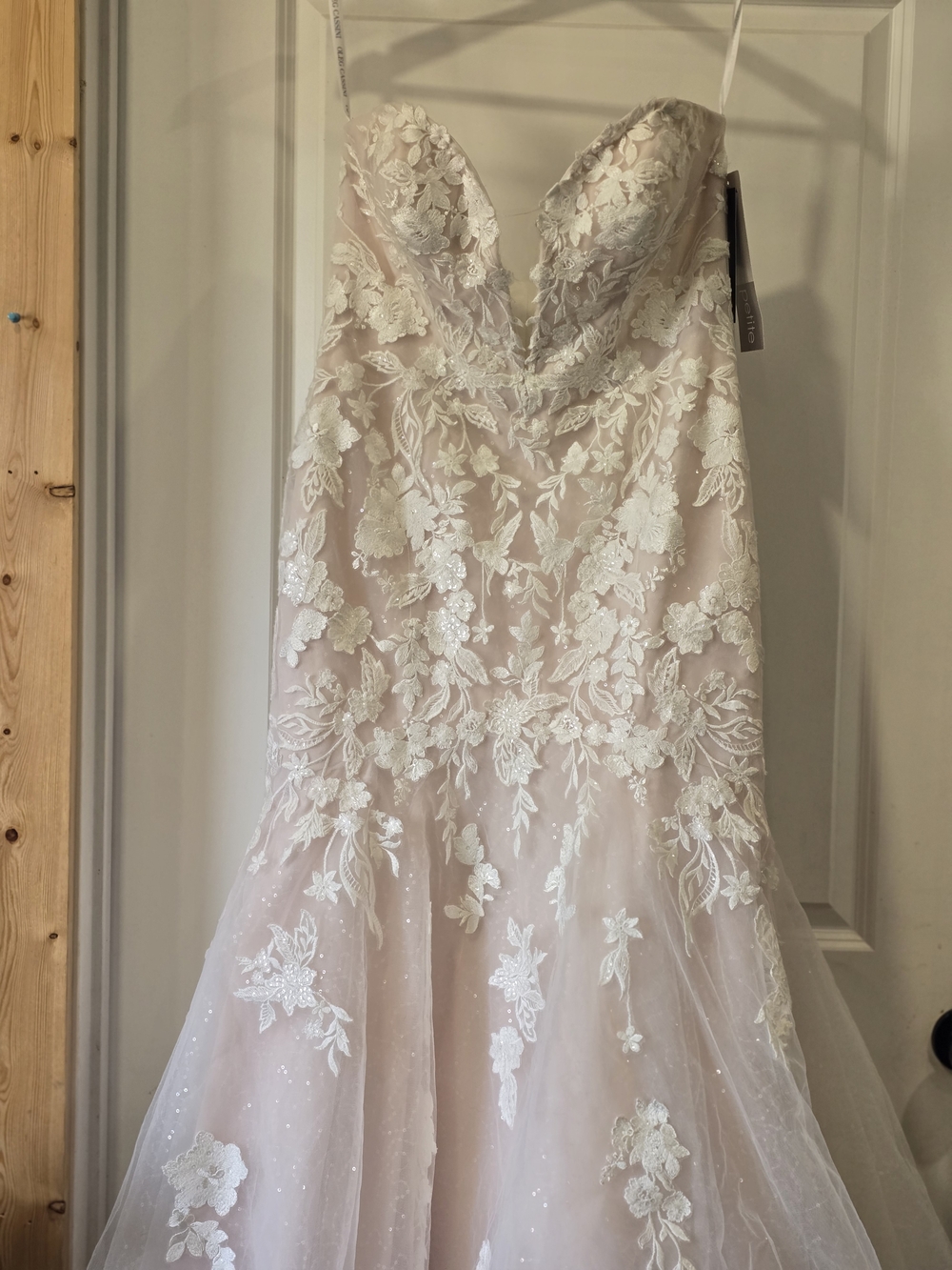 Strapless Lace Appliqué Bridal Gown in Blush and Ivory